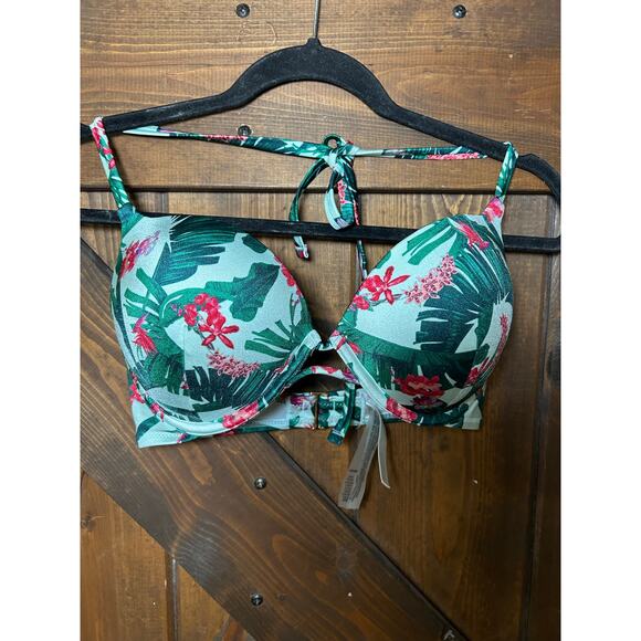 Victorias Secret 34D Swim Bombshell Add-2-Cups Push Up Bikini Top Bra Blue Palm - Picture 1 of 5